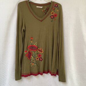 Caite Blouse Womens Medium Embroidered Floral Long Sleeve Boho Artsy Top Stretch